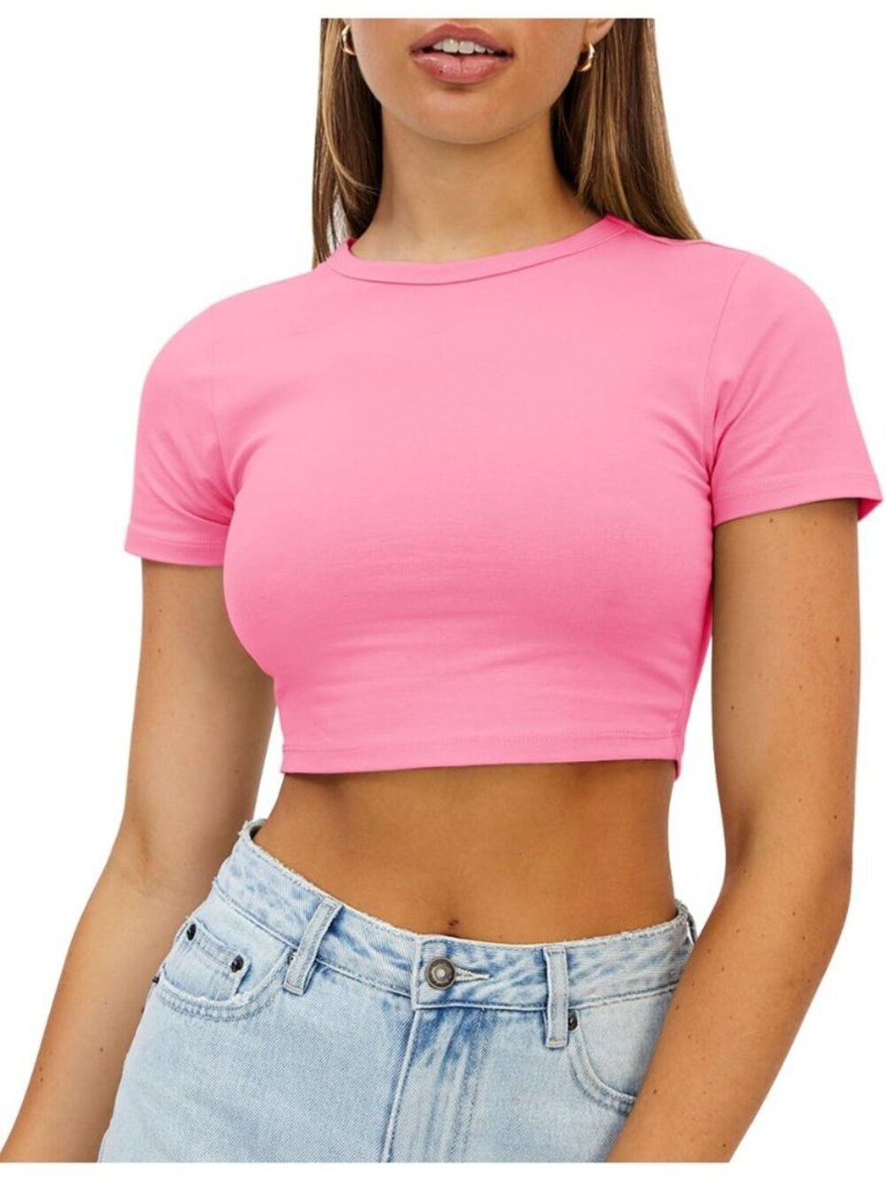 Women's Pink Summer Crew Neck Basic Tees Slim Fit Trendy Short Sleeve Crop Tops